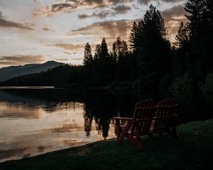 Preview wallpaper lake, shore, bench, dark, dusk