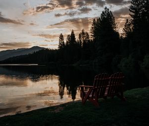 Preview wallpaper lake, shore, bench, dark, dusk