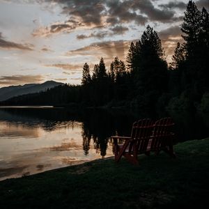 Preview wallpaper lake, shore, bench, dark, dusk