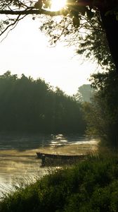 Preview wallpaper lake, shore, boats, fog, nature