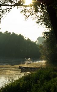 Preview wallpaper lake, shore, boats, fog, nature