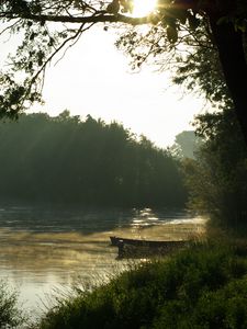 Preview wallpaper lake, shore, boats, fog, nature