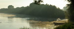 Preview wallpaper lake, shore, boats, fog, nature