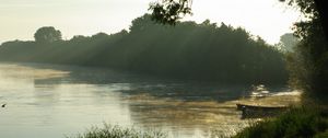 Preview wallpaper lake, shore, boats, fog, nature