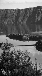 Preview wallpaper lake, shore, cliff, bw, landscape