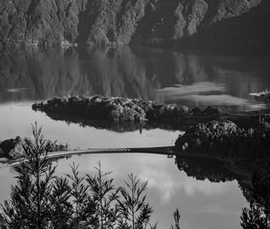 Preview wallpaper lake, shore, cliff, bw, landscape