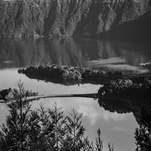 Preview wallpaper lake, shore, cliff, bw, landscape