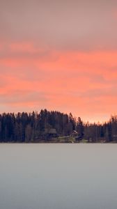 Preview wallpaper lake, shore, forest, houses, sunset, dusk