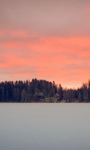 Preview wallpaper lake, shore, forest, houses, sunset, dusk