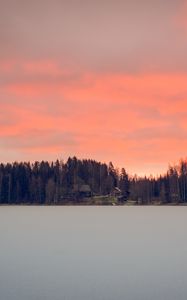 Preview wallpaper lake, shore, forest, houses, sunset, dusk