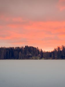 Preview wallpaper lake, shore, forest, houses, sunset, dusk