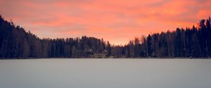 Preview wallpaper lake, shore, forest, houses, sunset, dusk