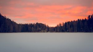 Preview wallpaper lake, shore, forest, houses, sunset, dusk