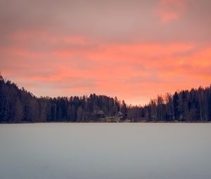 Preview wallpaper lake, shore, forest, houses, sunset, dusk