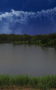 Preview wallpaper lake, shore, grass, trees, sky, clouds, water, nature