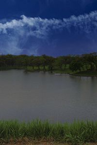 Preview wallpaper lake, shore, grass, trees, sky, clouds, water, nature