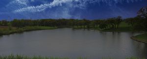 Preview wallpaper lake, shore, grass, trees, sky, clouds, water, nature