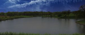 Preview wallpaper lake, shore, grass, trees, sky, clouds, water, nature