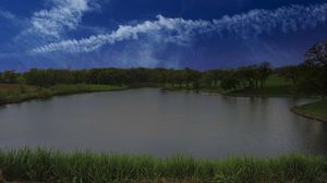 Preview wallpaper lake, shore, grass, trees, sky, clouds, water, nature