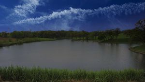 Preview wallpaper lake, shore, grass, trees, sky, clouds, water, nature