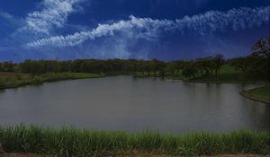 Preview wallpaper lake, shore, grass, trees, sky, clouds, water, nature