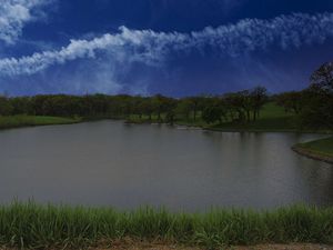 Preview wallpaper lake, shore, grass, trees, sky, clouds, water, nature