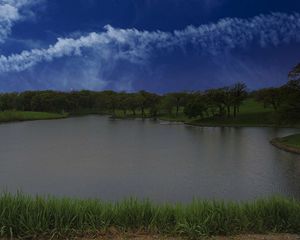 Preview wallpaper lake, shore, grass, trees, sky, clouds, water, nature