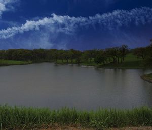 Preview wallpaper lake, shore, grass, trees, sky, clouds, water, nature