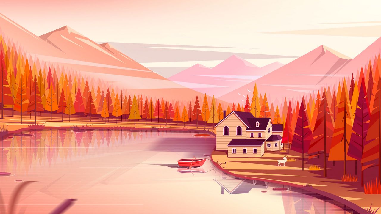 Wallpaper lake, shore, house, landscape, art