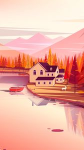Preview wallpaper lake, shore, house, landscape, art