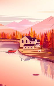 Preview wallpaper lake, shore, house, landscape, art