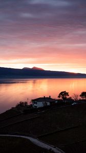 Preview wallpaper lake, shore, houses, mountains, evening