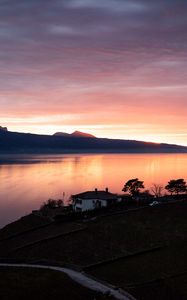 Preview wallpaper lake, shore, houses, mountains, evening