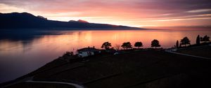 Preview wallpaper lake, shore, houses, mountains, evening