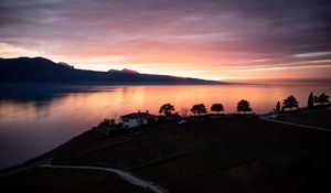 Preview wallpaper lake, shore, houses, mountains, evening