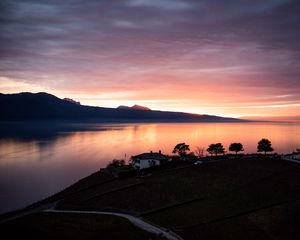 Preview wallpaper lake, shore, houses, mountains, evening