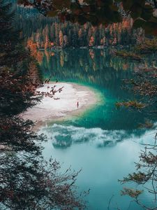Preview wallpaper lake, shore, man, alone, nature