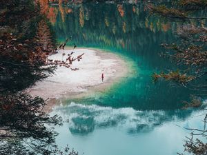 Preview wallpaper lake, shore, man, alone, nature