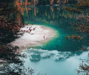 Preview wallpaper lake, shore, man, alone, nature