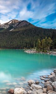 Preview wallpaper lake, shore, mountains, forest, landscape