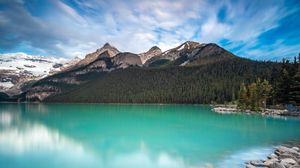 Preview wallpaper lake, shore, mountains, forest, landscape