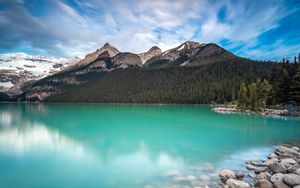 Preview wallpaper lake, shore, mountains, forest, landscape