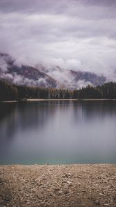 Preview wallpaper lake, shore, mountains, clouds, trees, landscape