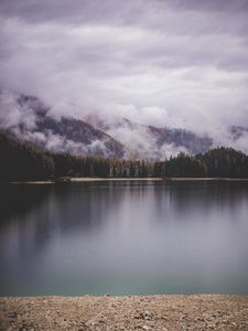 Preview wallpaper lake, shore, mountains, clouds, trees, landscape