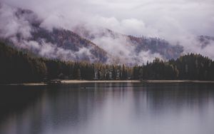 Preview wallpaper lake, shore, mountains, clouds, trees, landscape