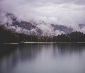 Preview wallpaper lake, shore, mountains, clouds, trees, landscape