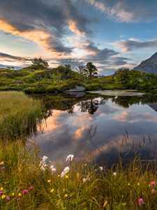 Preview wallpaper lake, shore, mountains, grass, landscape