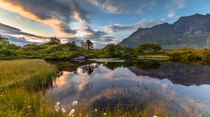 Preview wallpaper lake, shore, mountains, grass, landscape