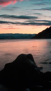 Preview wallpaper lake, shore, mountains, sunset, dusk, landscape