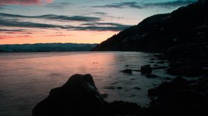 Preview wallpaper lake, shore, mountains, sunset, dusk, landscape